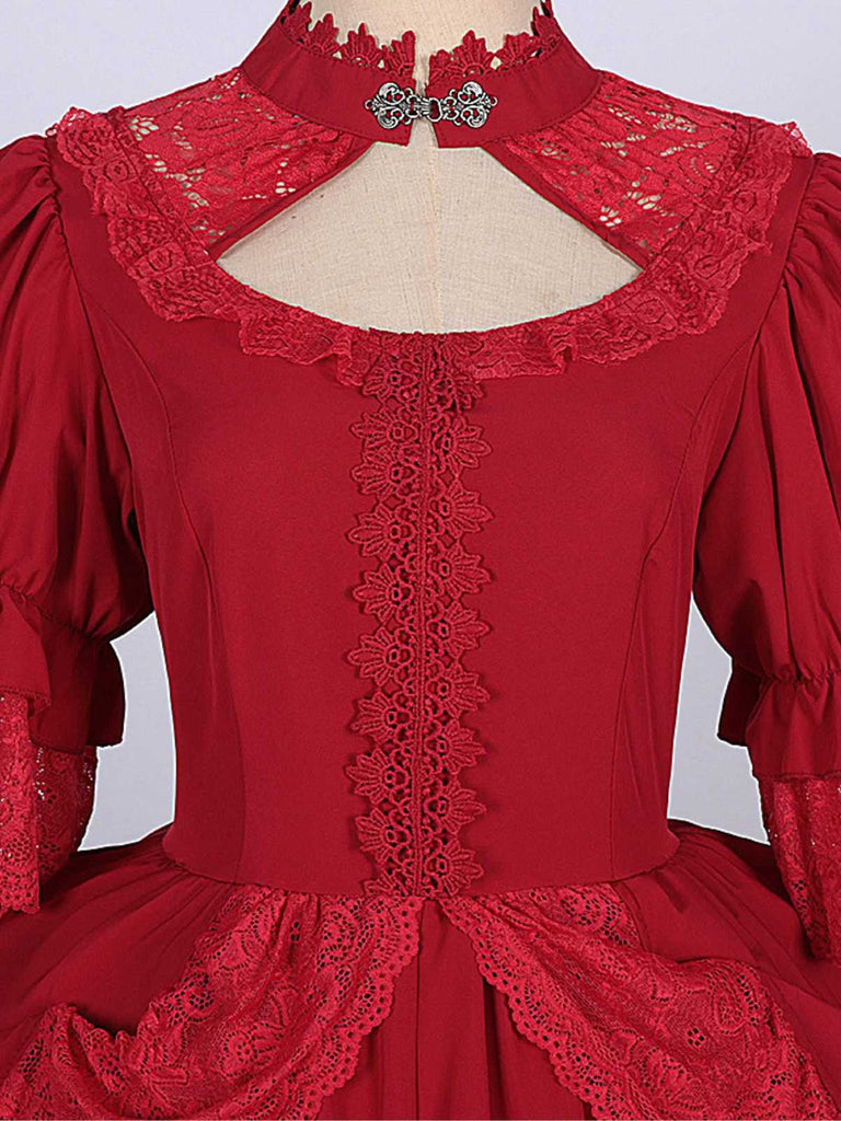 Rot 1950er Palaststil Ausgeschnitten Hals Spitze Patchwork Kleid
