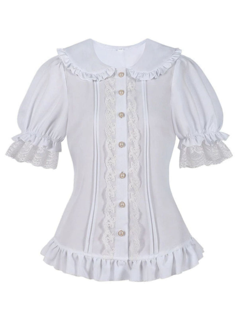 1950er Solide Peter-Pan-Kragen Lolita Spitze Rüschen Bluse