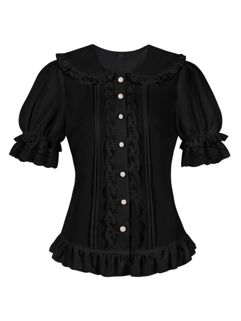 1950er Solide Peter-Pan-Kragen Lolita Spitze Rüschen Bluse