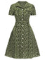 [Übergröße] Grün 1940er Revers Tasten Kleine Blumen Kleid