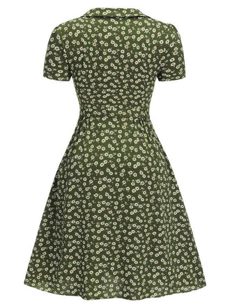 [Vorverkauf] [Übergröße] Grün 1940er Revers Tasten Kleine Blumen Kleid