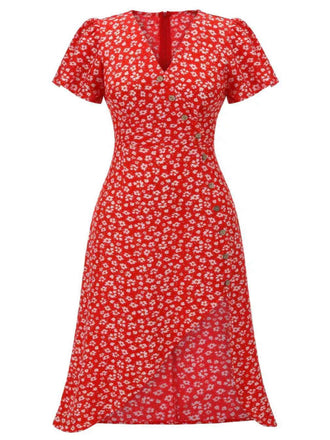 [Übergröße] Rot 1940er Blumen V-Ausschnitt Tasten Kleid