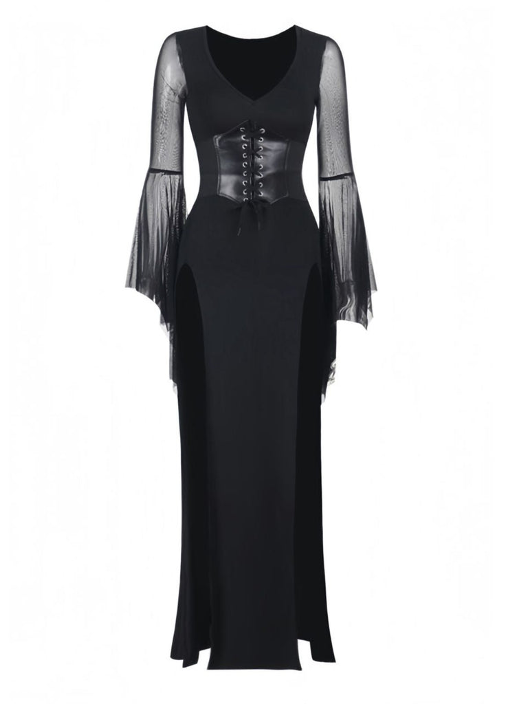 Schwarz 1980er Gothic Durchsichtig Ärmel Korsett Schlitz Kleid