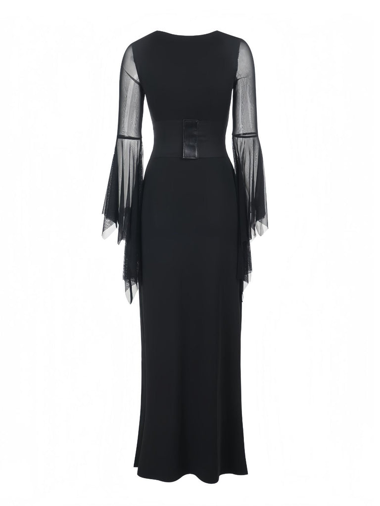 Schwarz 1980er Gothic Durchsichtig Ärmel Korsett Schlitz Kleid