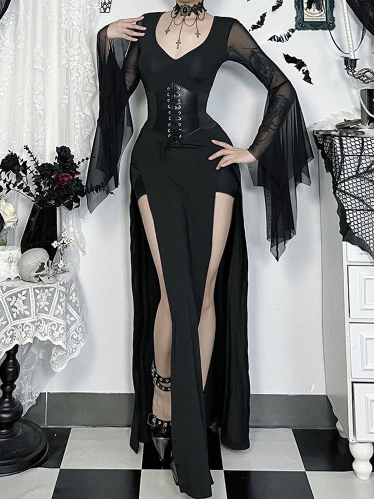 Schwarz 1980er Gothic Durchsichtig Ärmel Korsett Schlitz Kleid
