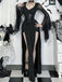 Schwarz 1980er Gothic Durchsichtig Ärmel Korsett Schlitz Kleid