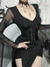 Schwarz 1980er Gothic Durchsichtig Ärmel Korsett Schlitz Kleid