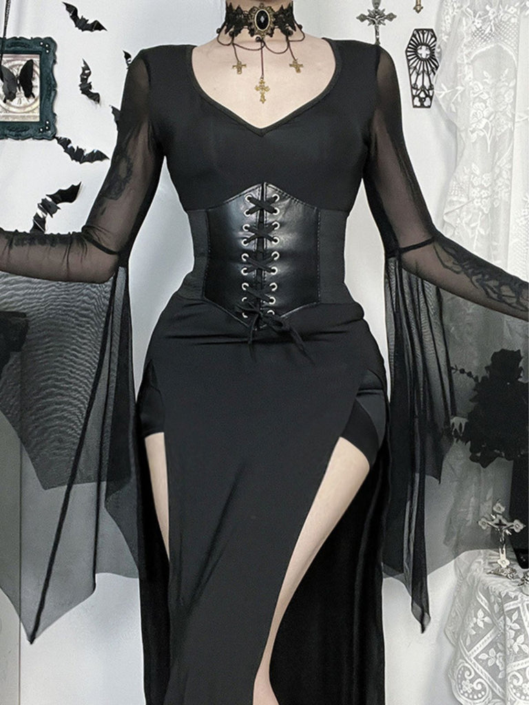 Schwarz 1980er Gothic Durchsichtig Ärmel Korsett Schlitz Kleid