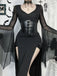 Schwarz 1980er Gothic Durchsichtig Ärmel Korsett Schlitz Kleid