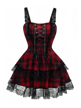 Rot 1980er Gothic Spitze Patchwork Plaid Kleid