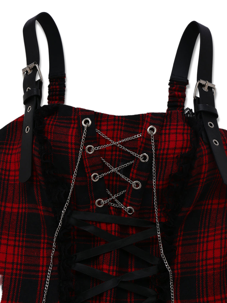 Rot 1980er Gothic Spitze Patchwork Plaid Kleid