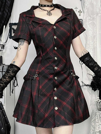 Weinrot 1960er Punk Revers A-Linie Plaid Kleid