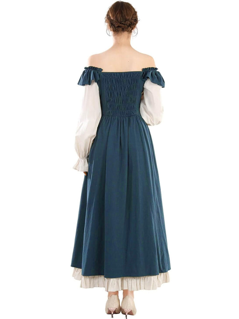 1930er Farbblock Rüschen Schnürung Renaissance Kleid