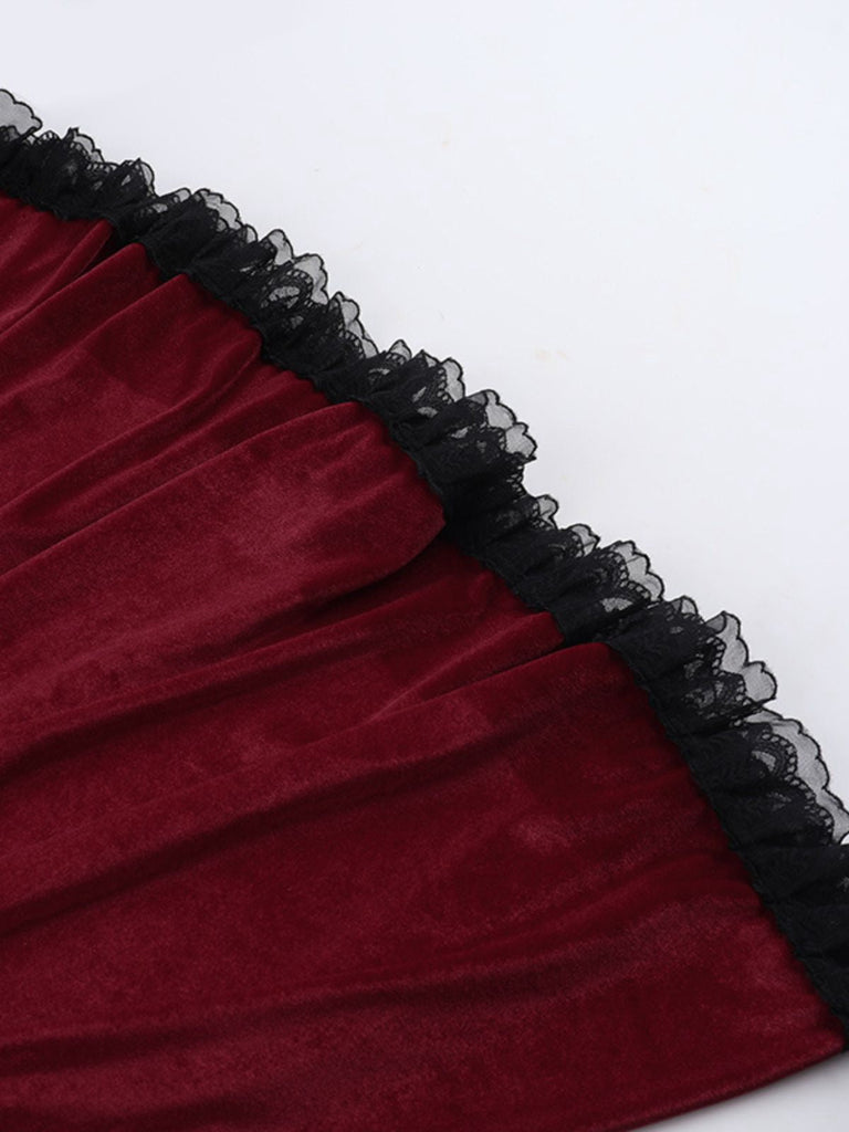 Burgunderrot 1950er Weihnachten Gothic Samt Kette Strassstein Kleid