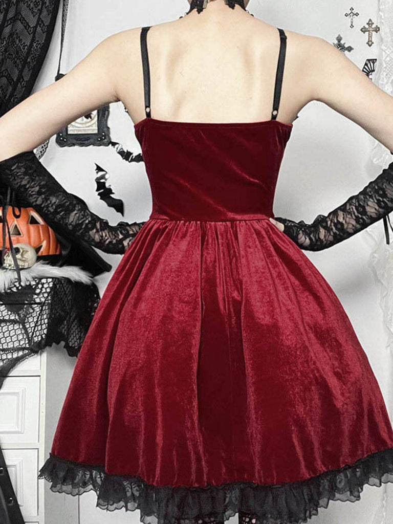 Burgunderrot 1950er Weihnachten Gothic Samt Kette Strassstein Kleid