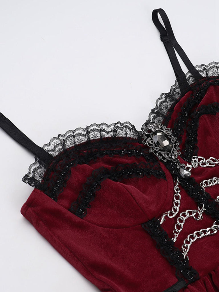 Burgunderrot 1950er Weihnachten Gothic Samt Kette Strassstein Kleid