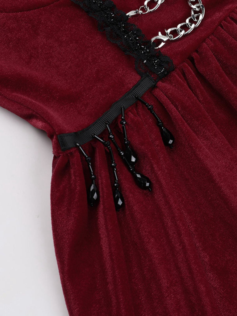 Burgunderrot 1950er Weihnachten Gothic Samt Kette Strassstein Kleid