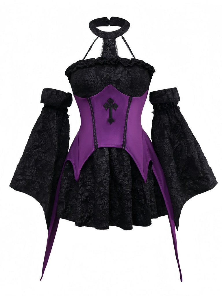 2PCS Lila 1980er Gothic Kreuz Hexe Top & Rock
