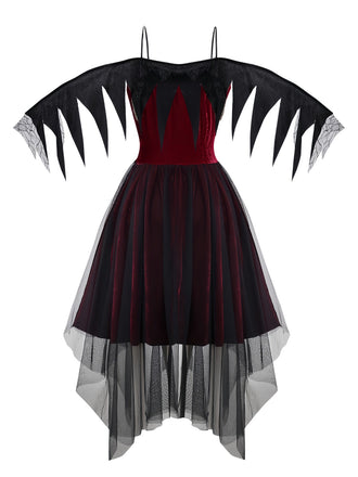 Burgund 1960er Gothic Netz Trägerlos Irregulär Saum Kleid