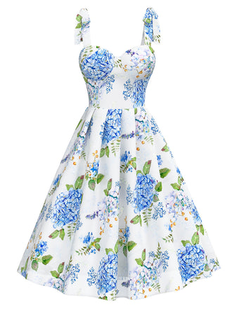Blau 1950er Blumen Organza Schulter-Ties Kleid