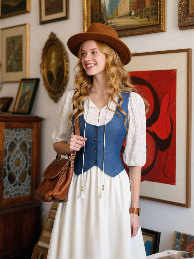 [Vorverkauf] 2PCS 1970er Solide Denim Weste & Besticktes Puffärmel Kleid