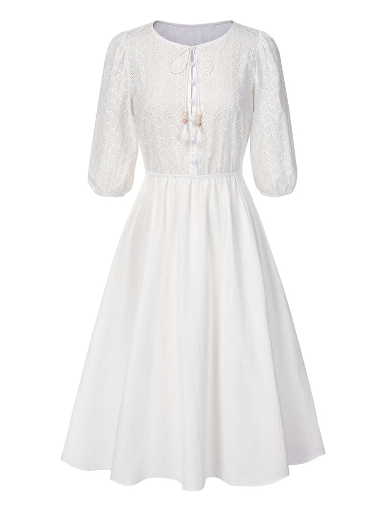 [Vorverkauf] Weiß 1970er Solide Besticktes Puffärmel Taste Kleid