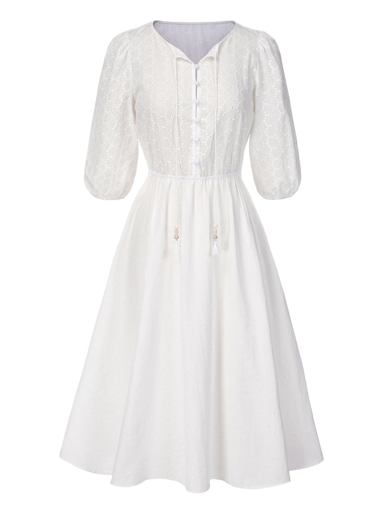 [Vorverkauf] Weiß 1970er Solide Besticktes Puffärmel Taste Kleid