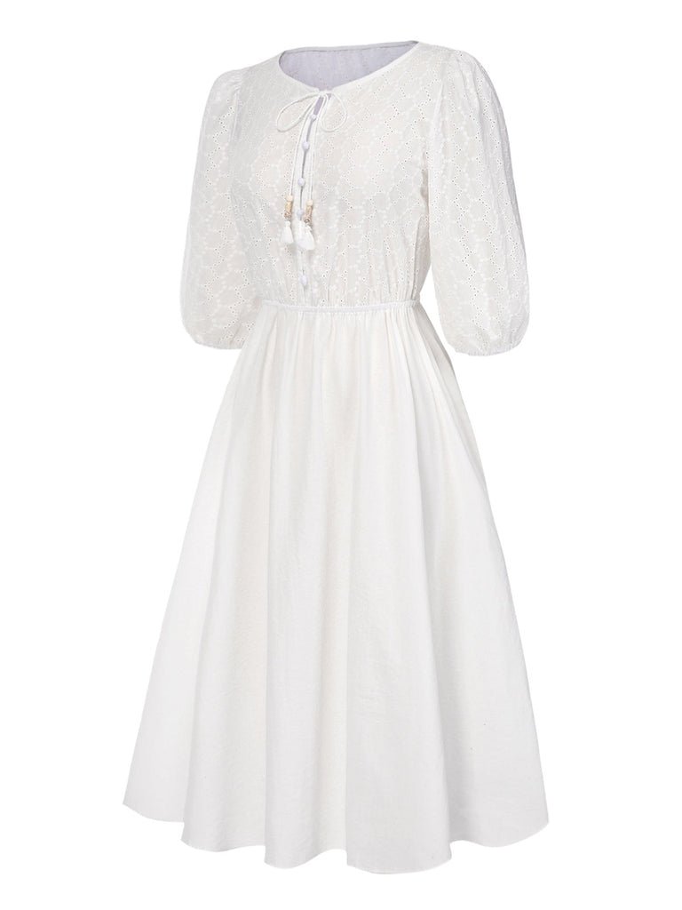 [Vorverkauf] Weiß 1970er Solide Besticktes Puffärmel Taste Kleid