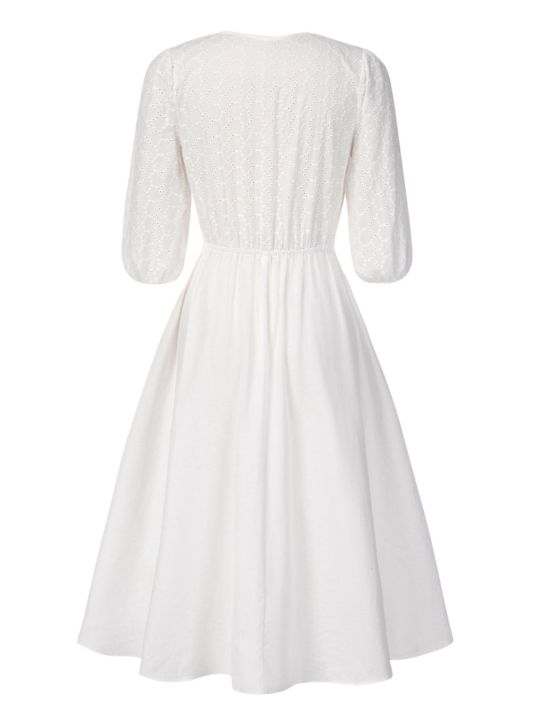 [Vorverkauf] Weiß 1970er Solide Besticktes Puffärmel Taste Kleid