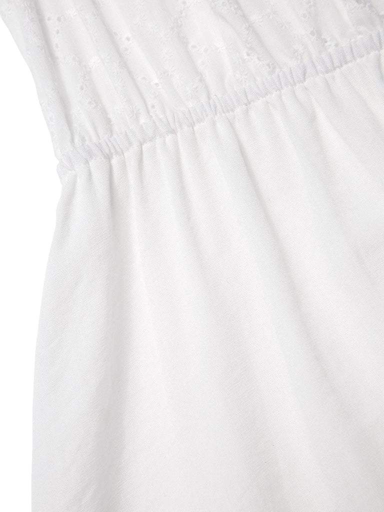 [Vorverkauf] Weiß 1970er Solide Besticktes Puffärmel Taste Kleid
