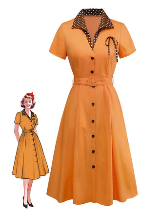 Orange 1940er Baumwolle Polka Dot Revers Bogen Kleid
