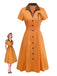 [Vorverkauf] Orange 1940er Baumwolle Polka Dot Revers Bogen Kleid