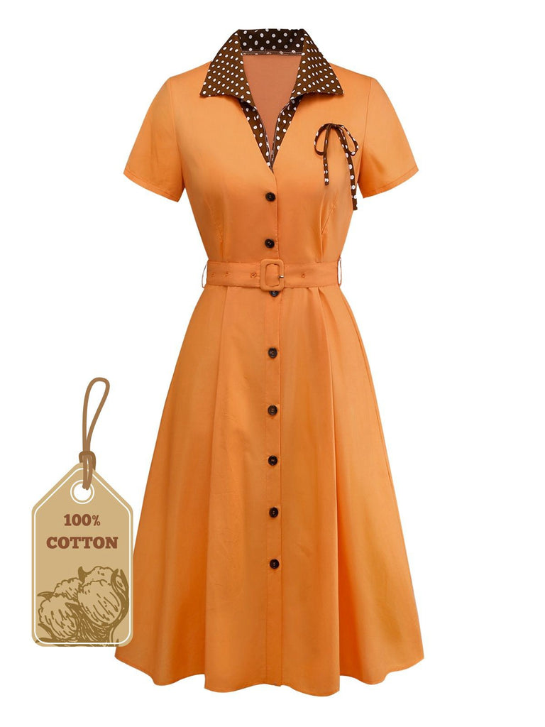 [Vorverkauf] Orange 1940er Baumwolle Polka Dot Revers Bogen Kleid