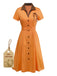 [Vorverkauf] Orange 1940er Baumwolle Polka Dot Revers Bogen Kleid
