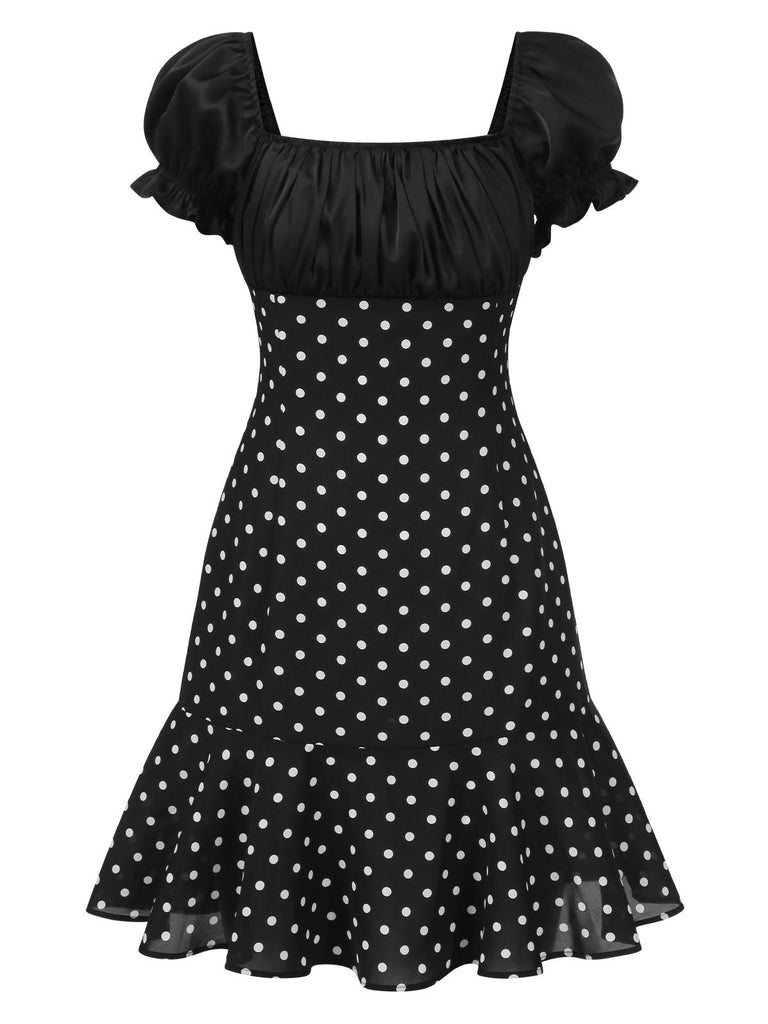 [Vorverkauf] Schwarz 1940er Polka Dot Puffärmel Kleid