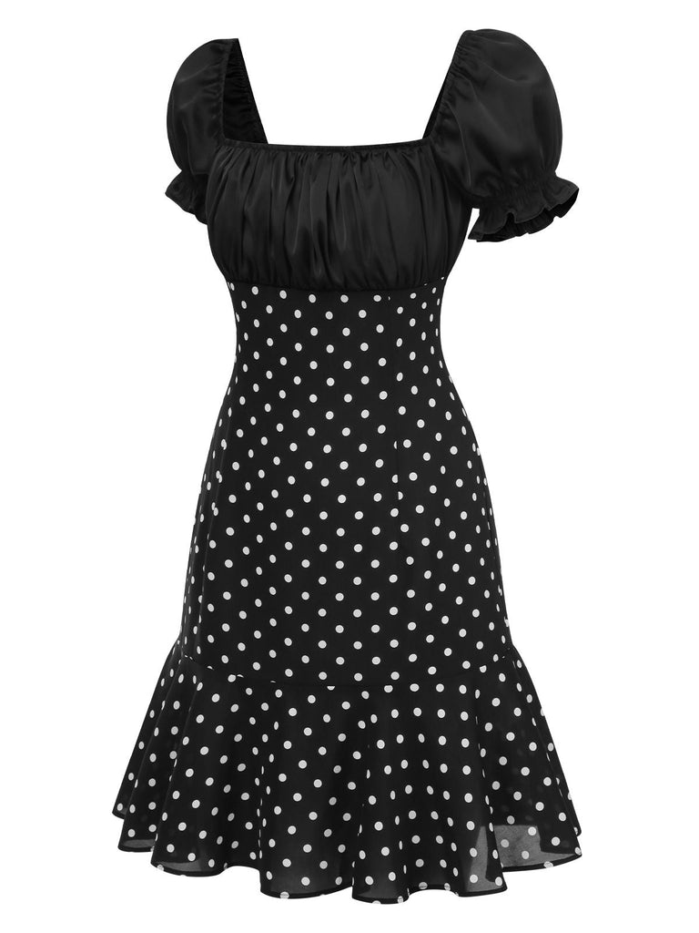 [Vorverkauf] Schwarz 1940er Polka Dot Puffärmel Kleid