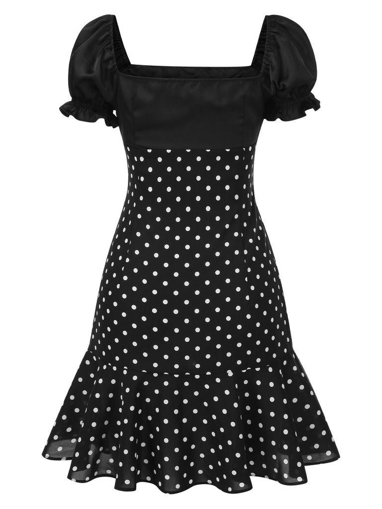 [Vorverkauf] Schwarz 1940er Polka Dot Puffärmel Kleid