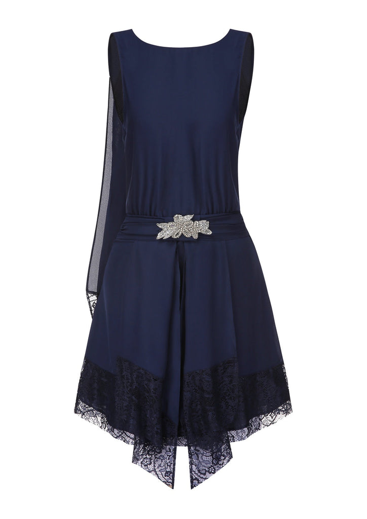 [Vorverkauf] Blau 1920er Spitze Patchwork Strassstein Kleid