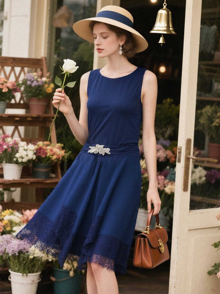 [Vorverkauf] Blau 1920er Spitze Patchwork Strassstein Kleid