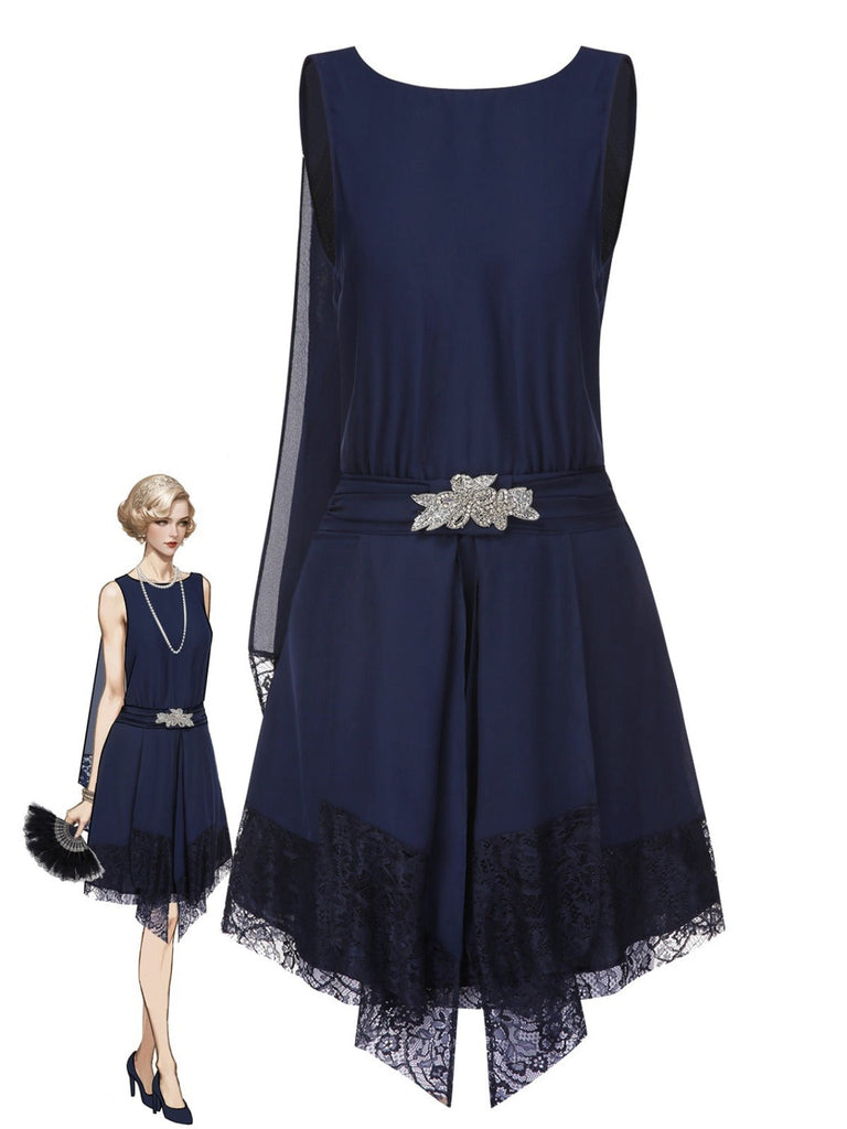 [Vorverkauf] Blau 1920er Spitze Patchwork Strassstein Kleid