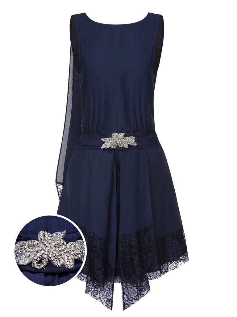 [Vorverkauf] Blau 1920er Spitze Patchwork Strassstein Kleid