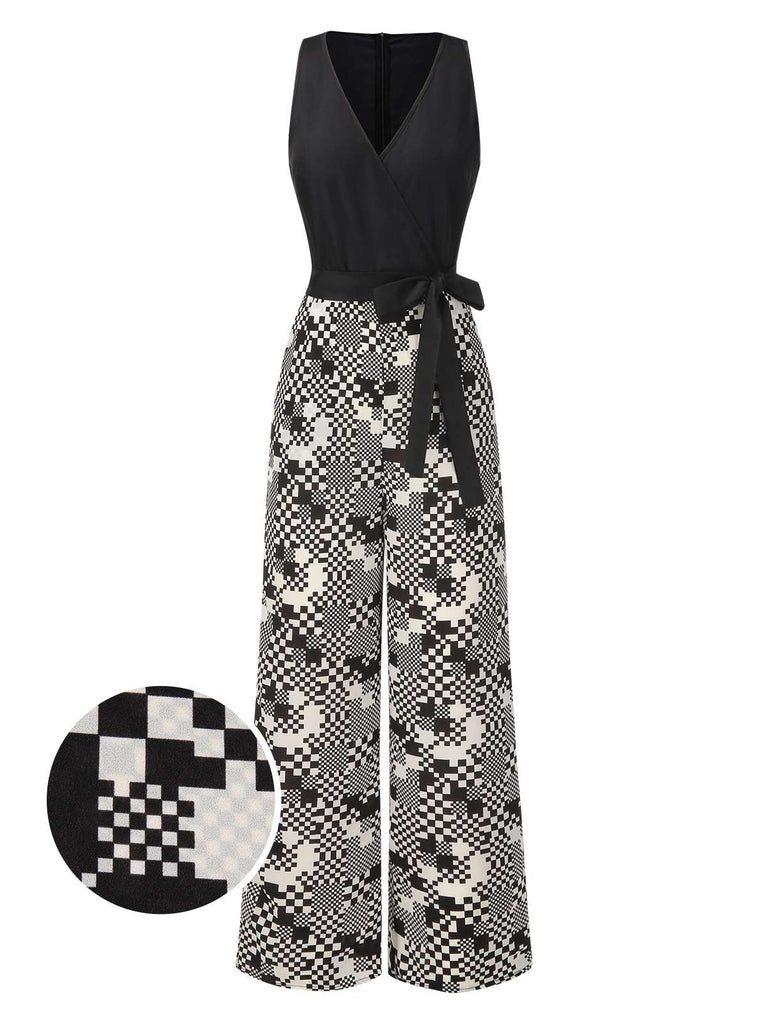 [Vorverkauf] Schwarz 1960er Mosaik Irregulär Check V-Ausschnitt Jumpsuit