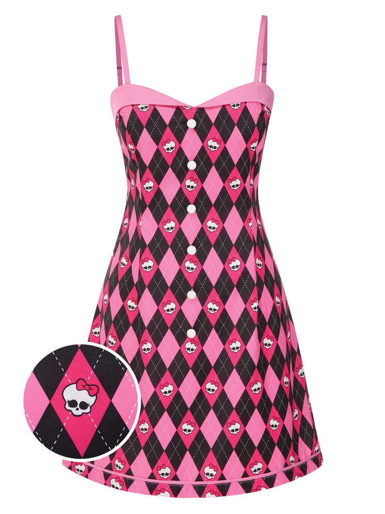 [Vorverkauf] Schwarz & Rosa 1960er Halloween Skeleton Bogen Diamant Kleid