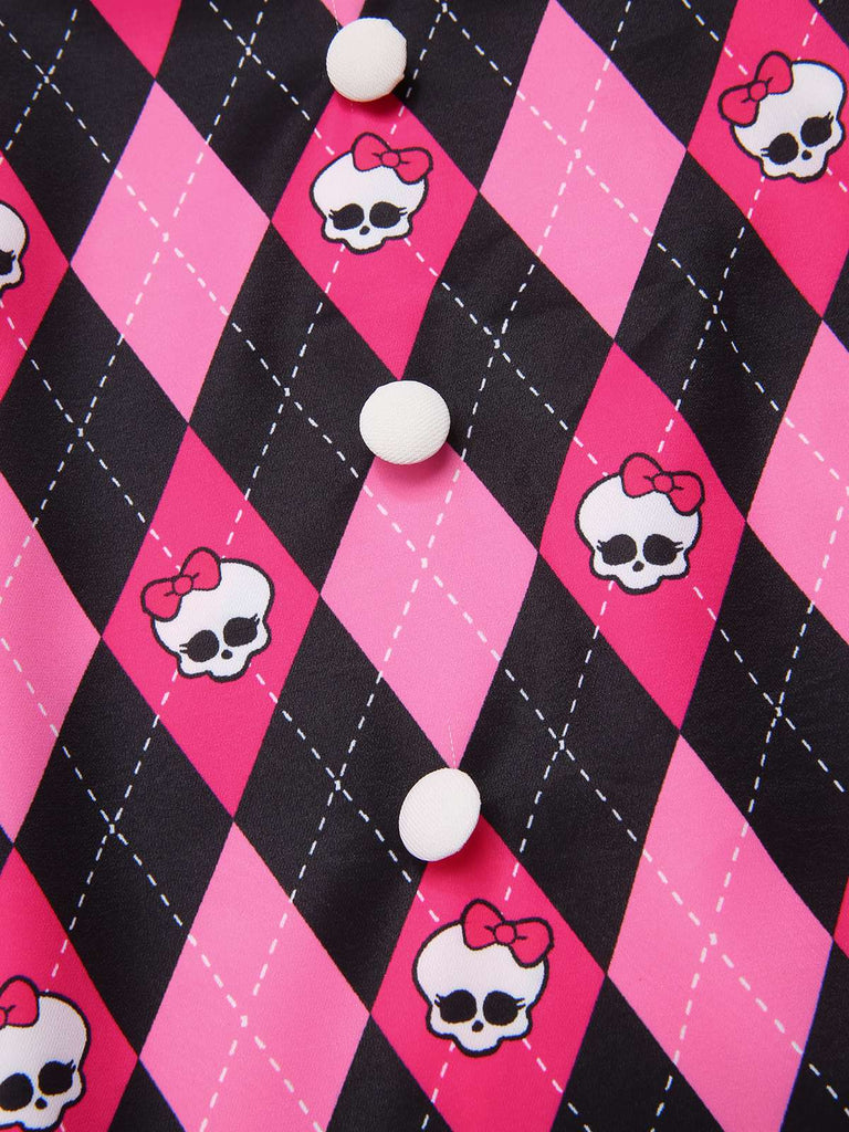 [Vorverkauf] Schwarz & Rosa 1960er Halloween Skeleton Bogen Diamant Kleid