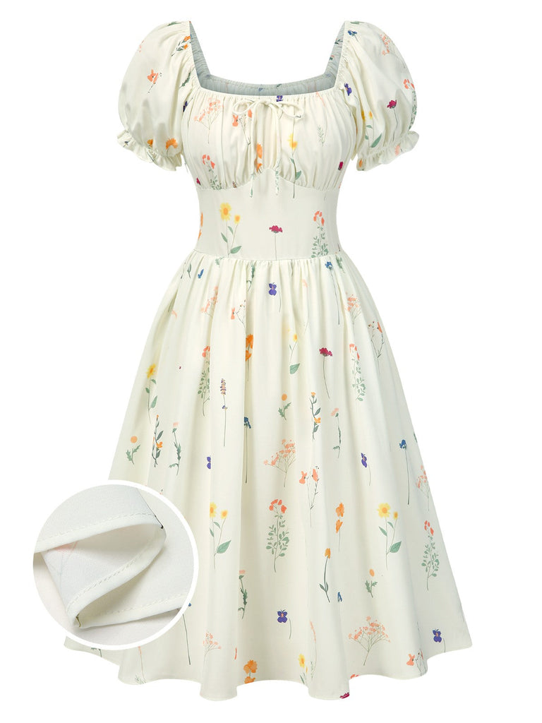 [Vorverkauf] Beige 1950er Quadratischer Hals Plissiertes Blumen Kleid