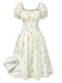 [Vorverkauf] Beige 1950er Quadratischer Hals Plissiertes Blumen Kleid