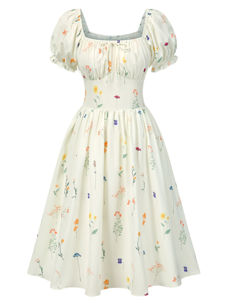 [Vorverkauf] Beige 1950er Quadratischer Hals Plissiertes Blumen Kleid