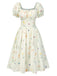 [Vorverkauf] Beige 1950er Quadratischer Hals Plissiertes Blumen Kleid
