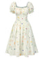 [Vorverkauf] Beige 1950er Quadratischer Hals Plissiertes Blumen Kleid