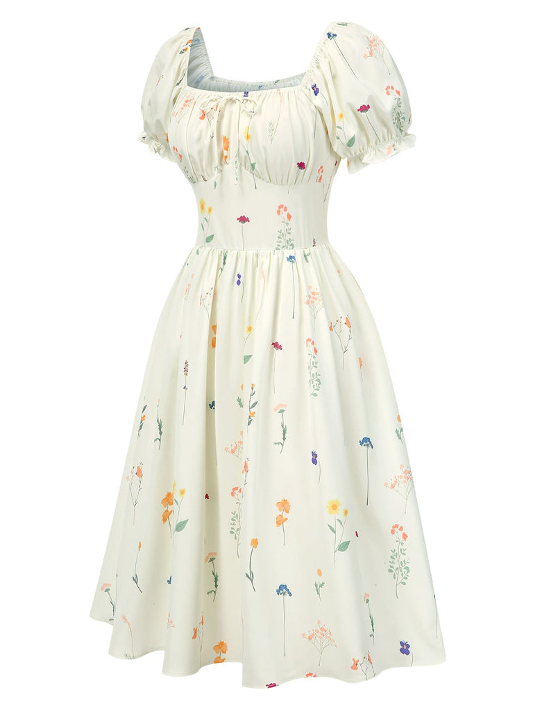 [Vorverkauf] Beige 1950er Quadratischer Hals Plissiertes Blumen Kleid